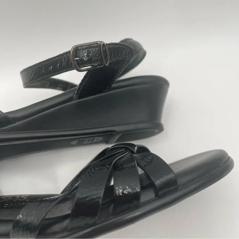 SAS Sandals 9.5 SLIM Strippy Quarter Strap Wedge Black Patent Leather 9.5 SLIM